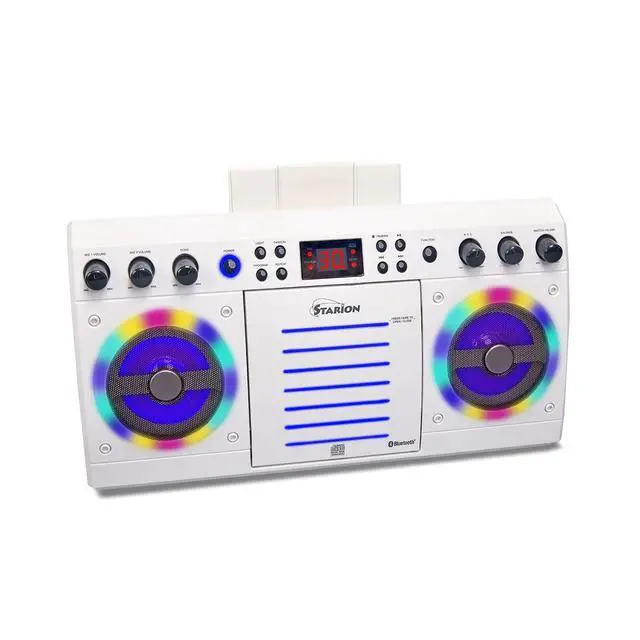 Alt view image 3 of 7 - KS303W-B Portable Bluetooth/CD+G Karaoke Machine - White l Built-in Stereo Speakers l Detachable Tablet Holder l Multi-Color Light Effects l Built-in Bluetooth Receiver l Microphone Included