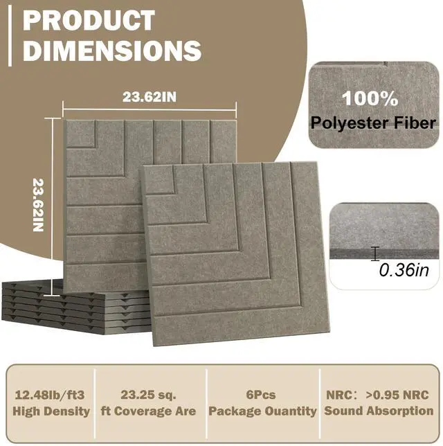Alt view image 4 of 7 - Acoustic Panels Right Angled Line Pattern Sound Absorbing Wall | 6 Pack 23.6x23.6 Inch Self-Adhesive High-Density, Decorative, Soundproofing Noise Cancelling for Home Office Recording Studio
