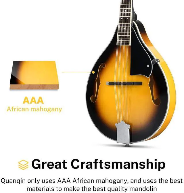 Alt view image 2 of 7 - A Style Mandolin Instrument Sunburst Beginner Adult Acoustic Mandolin Musical Instrument Mahogany 8 String, Bundle With Tuner String Bag Guitar Picks,DML-1