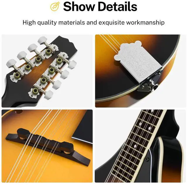 Alt view image 5 of 7 - A Style Mandolin Instrument Sunburst Beginner Adult Acoustic Mandolin Musical Instrument Mahogany 8 String, Bundle With Tuner String Bag Guitar Picks,DML-1