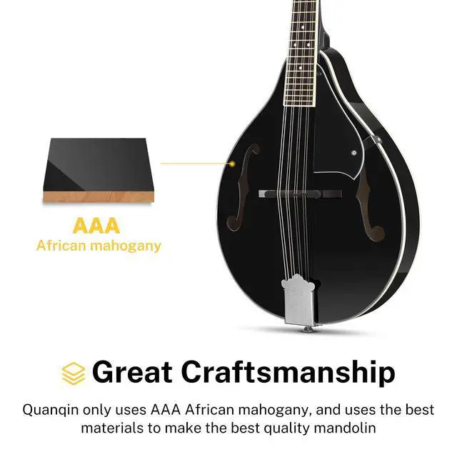 Alt view image 2 of 7 - Acoustic Mandolin Instrument Kits - A Style, DML-100B, Black | Mahogany Wood Musical Mandolin Guitar Complete Set 8 String with Tuner, Strings and Gig Bag for Beginners, Teens, Adults