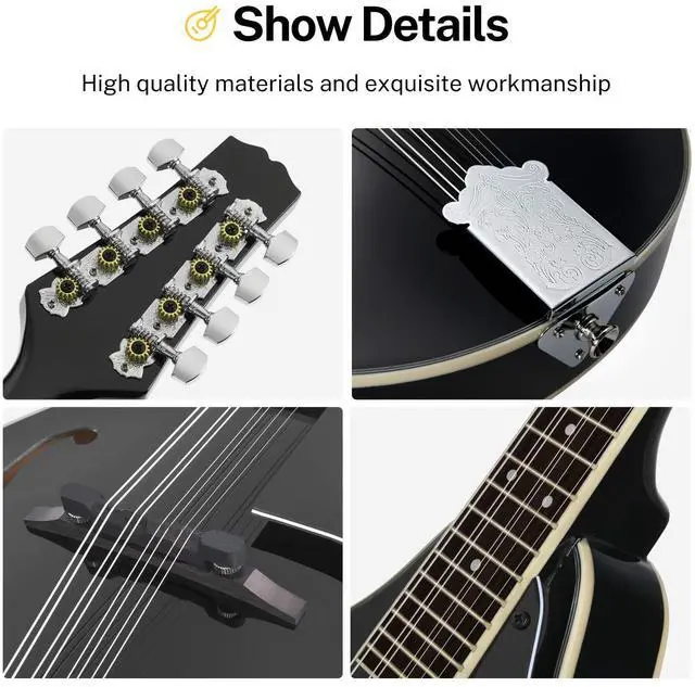 Alt view image 4 of 7 - Acoustic Mandolin Instrument Kits - A Style, DML-100B, Black | Mahogany Wood Musical Mandolin Guitar Complete Set 8 String with Tuner, Strings and Gig Bag for Beginners, Teens, Adults