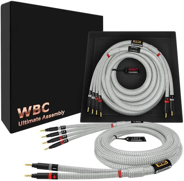 Main image of 15 Foot Ultimate - 9 AWG - Ultra-Pure OFC - Premium Audiophile HiFi Bi-Wire Speaker Cable Pair with Eminence Gold Banana Plugs & Silver Tweed Jacket