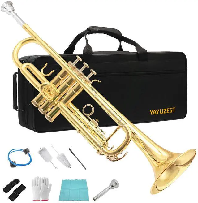 Main image of Bb Standard Trumpet Instrument Brass Student Trompeta Trumpet Set | Protable Hard Case Cleaning Kit 7C Mouthpiece and Gloves, School Band Approved Practice Trumpet Kit For Student Beginners