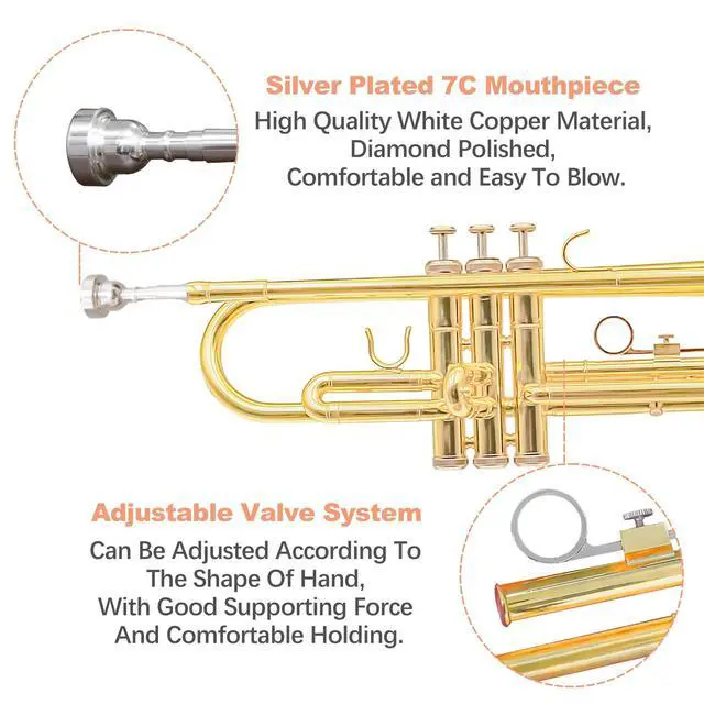 Alt view image 4 of 7 - Bb Standard Trumpet Instrument Brass Student Trompeta Trumpet Set | Protable Hard Case Cleaning Kit 7C Mouthpiece and Gloves, School Band Approved Practice Trumpet Kit For Student Beginners