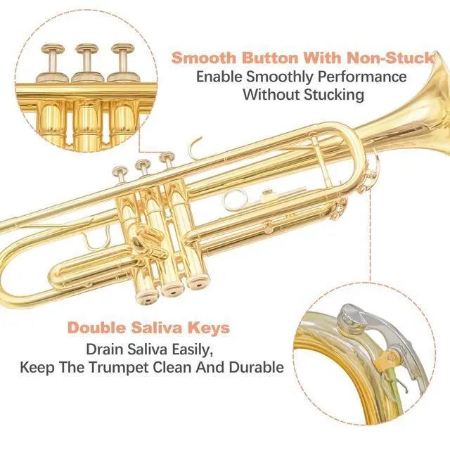 Alt view image 5 of 7 - Bb Standard Trumpet Instrument Brass Student Trompeta Trumpet Set | Protable Hard Case Cleaning Kit 7C Mouthpiece and Gloves, School Band Approved Practice Trumpet Kit For Student Beginners