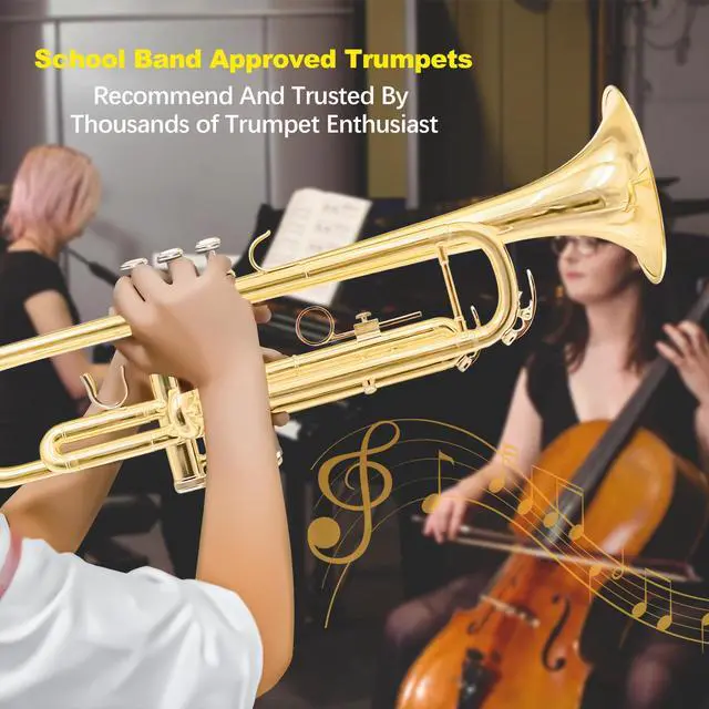 Alt view image 7 of 7 - Bb Standard Trumpet Instrument Brass Student Trompeta Trumpet Set | Protable Hard Case Cleaning Kit 7C Mouthpiece and Gloves, School Band Approved Practice Trumpet Kit For Student Beginners