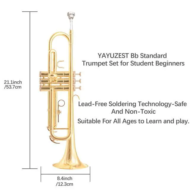 Alt view image 6 of 7 - Bb Standard Trumpet Instrument Brass Student Trompeta Trumpet Set | Protable Hard Case Cleaning Kit 7C Mouthpiece and Gloves, School Band Approved Practice Trumpet Kit For Student Beginners