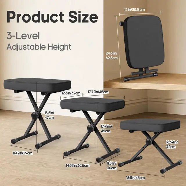 Alt view image 3 of 7 - Piano Bench, Guitar Stool, Collapsible Stool | Padded, 2.56 Inch High-Density Sponge, 3-Position Height, Waterproof Non-Skid, Black