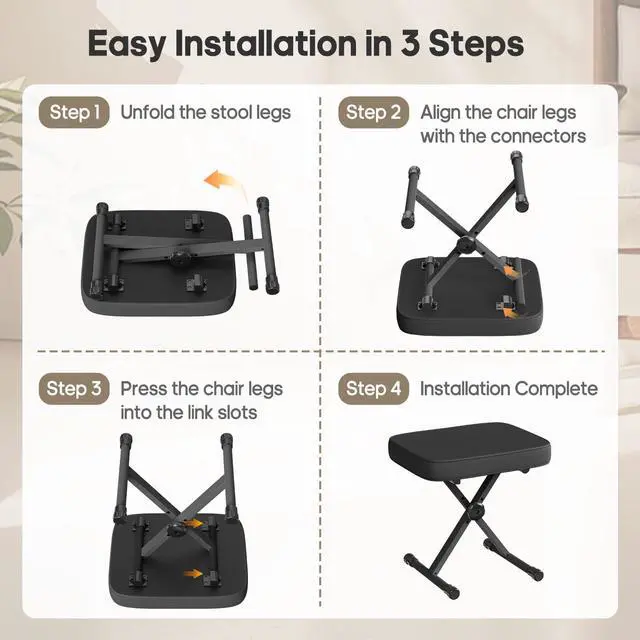 Alt view image 4 of 7 - Piano Bench, Guitar Stool, Collapsible Stool | Padded, 2.56 Inch High-Density Sponge, 3-Position Height, Waterproof Non-Skid, Black