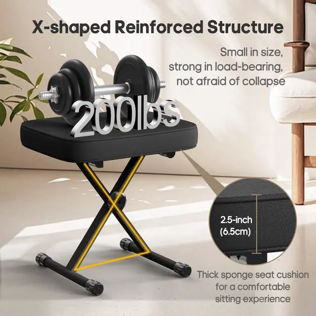 Alt view image 7 of 7 - Piano Bench, Guitar Stool, Collapsible Stool | Padded, 2.56 Inch High-Density Sponge, 3-Position Height, Waterproof Non-Skid, Black