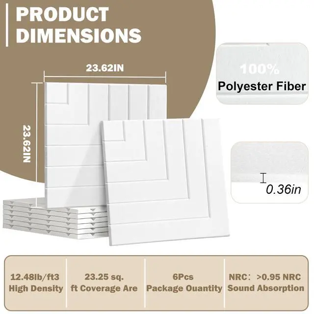 Alt view image 3 of 7 - Acoustic Panels Right Angled Line Pattern Sound Absorbing Wall | 6 Pack 23.6x23.6 Inch Self-Adhesive High-Density, Decorative, Soundproofing Noise Cancelling for Home Office Recording Studio