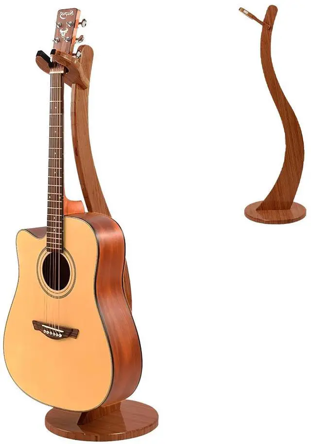 Main image of Wooden Guitar Stand Floor - Handmade Bamboo Guitar Music Stands for Acoustic Guitar Players, Wood Guitars Holder with Hanger for Electric Guitar, Banjo (Brown)
