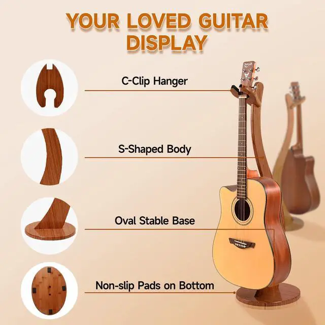 Alt view image 3 of 7 - Wooden Guitar Stand Floor - Handmade Bamboo Guitar Music Stands for Acoustic Guitar Players, Wood Guitars Holder with Hanger for Electric Guitar, Banjo (Brown)