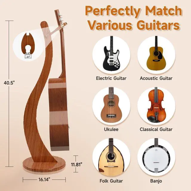 Alt view image 4 of 7 - Wooden Guitar Stand Floor - Handmade Bamboo Guitar Music Stands for Acoustic Guitar Players, Wood Guitars Holder with Hanger for Electric Guitar, Banjo (Brown)