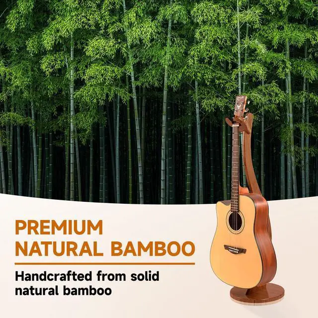 Alt view image 6 of 7 - Wooden Guitar Stand Floor - Handmade Bamboo Guitar Music Stands for Acoustic Guitar Players, Wood Guitars Holder with Hanger for Electric Guitar, Banjo (Brown)