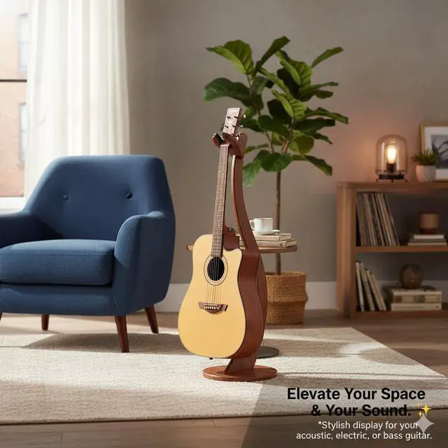 Alt view image 7 of 7 - Wooden Guitar Stand Floor - Handmade Bamboo Guitar Music Stands for Acoustic Guitar Players, Wood Guitars Holder with Hanger for Electric Guitar, Banjo (Brown)