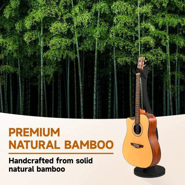 Alt view image 3 of 7 - Wooden Guitar Stand Floor - Handmade Bamboo Guitar Music Stands for Acoustic Guitar Players, Wood Guitars Holder with Hanger for Electric Guitar, Banjo (Black)