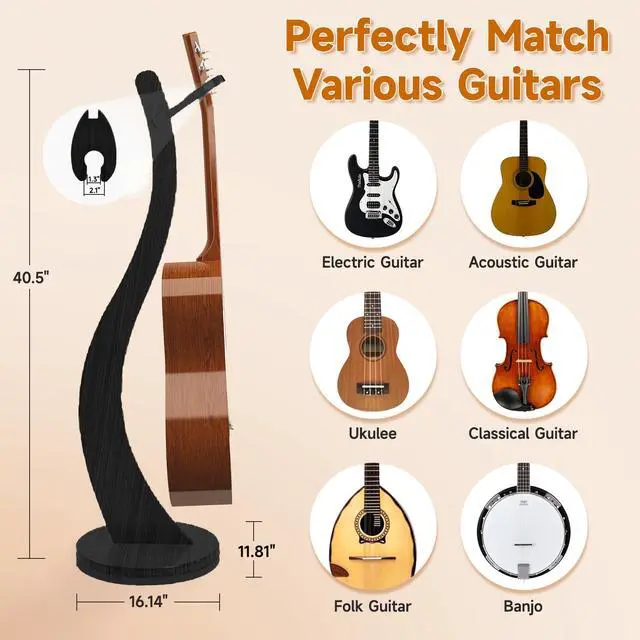 Alt view image 4 of 7 - Wooden Guitar Stand Floor - Handmade Bamboo Guitar Music Stands for Acoustic Guitar Players, Wood Guitars Holder with Hanger for Electric Guitar, Banjo (Black)