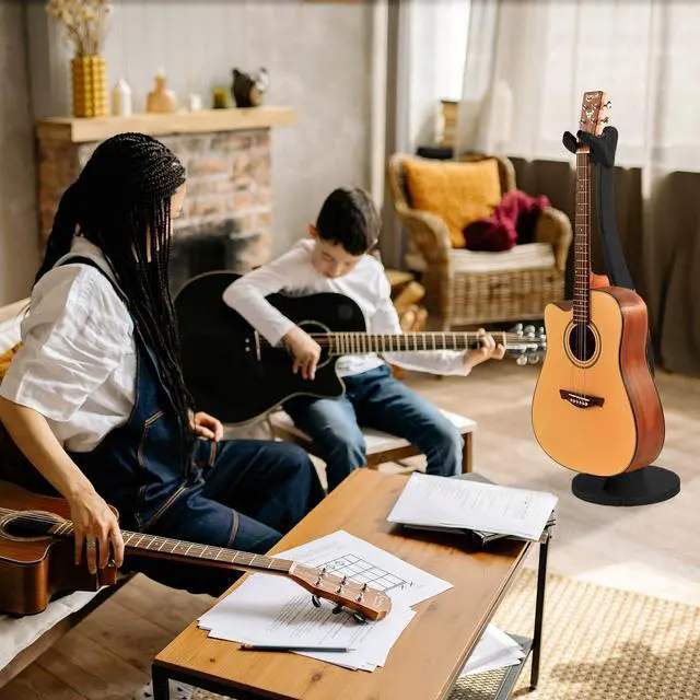 Alt view image 2 of 7 - Wooden Guitar Stand Floor - Handmade Bamboo Guitar Music Stands for Acoustic Guitar Players, Wood Guitars Holder with Hanger for Electric Guitar, Banjo (Black)