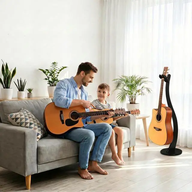 Alt view image 7 of 7 - Wooden Guitar Stand Floor - Handmade Bamboo Guitar Music Stands for Acoustic Guitar Players, Wood Guitars Holder with Hanger for Electric Guitar, Banjo (Black)