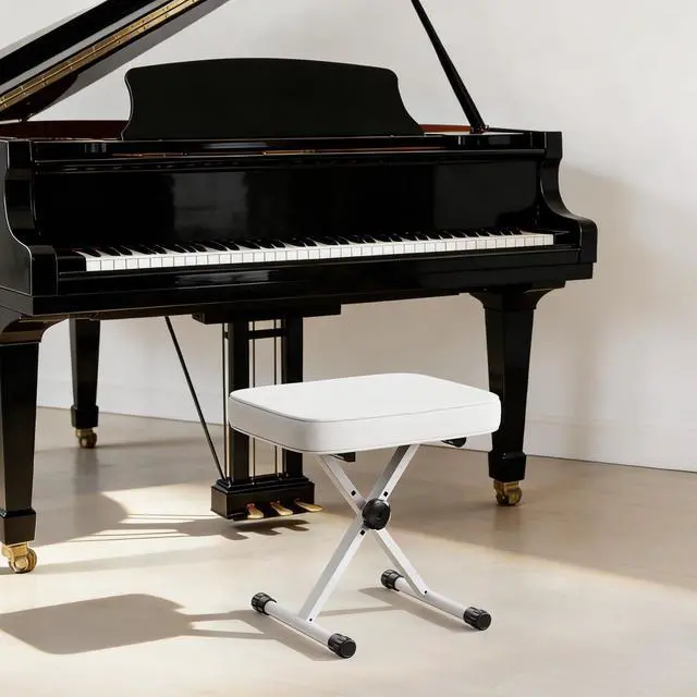 Alt view image 2 of 7 - Piano Bench, Guitar Stool, Collapsible Stool | Padded, 2.56 Inch High-Density Sponge, 3-Position Height, Waterproof Non-Skid, White
