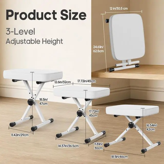 Alt view image 3 of 7 - Piano Bench, Guitar Stool, Collapsible Stool | Padded, 2.56 Inch High-Density Sponge, 3-Position Height, Waterproof Non-Skid, White
