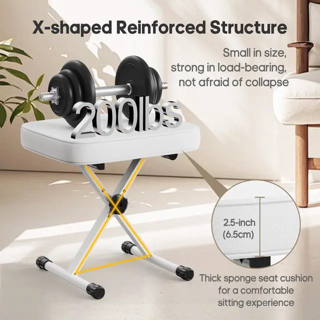 Alt view image 7 of 7 - Piano Bench, Guitar Stool, Collapsible Stool | Padded, 2.56 Inch High-Density Sponge, 3-Position Height, Waterproof Non-Skid, White