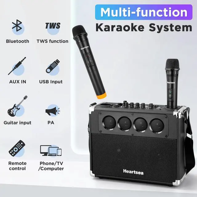 Alt view image 5 of 6 - Portable Karaoke Machine, with Wireless Microphones, Bluetooth Party Speaker with TWS, Loud Subwoofer, USB/AUX, Outdoor Karaoke Speaker for Adults & Kids, Home & Party