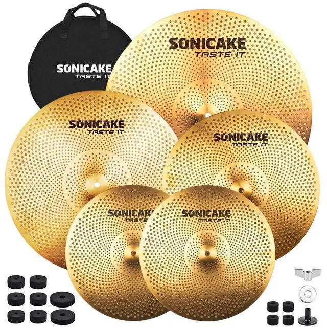 Main image of Low Volume Cymbal Pack Quiet Cymbal Set 14"Hi-hats+16"Crash+18"Crash+20"Ride 5 Pcs Mute Drum Cymbal Set with Bag and Felts for Practice, Golden