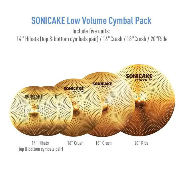 Alt view image 2 of 7 - Low Volume Cymbal Pack Quiet Cymbal Set 14"Hi-hats+16"Crash+18"Crash+20"Ride 5 Pcs Mute Drum Cymbal Set with Bag and Felts for Practice, Golden