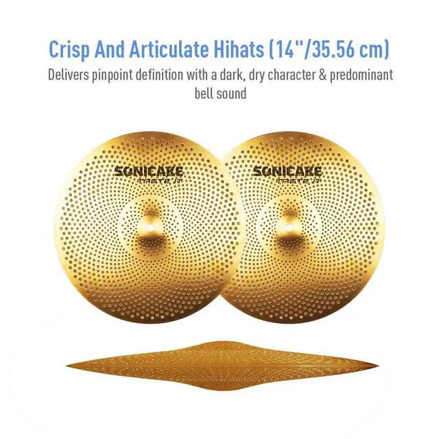 Alt view image 3 of 7 - Low Volume Cymbal Pack Quiet Cymbal Set 14"Hi-hats+16"Crash+18"Crash+20"Ride 5 Pcs Mute Drum Cymbal Set with Bag and Felts for Practice, Golden