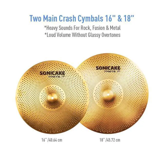 Alt view image 4 of 7 - Low Volume Cymbal Pack Quiet Cymbal Set 14"Hi-hats+16"Crash+18"Crash+20"Ride 5 Pcs Mute Drum Cymbal Set with Bag and Felts for Practice, Golden