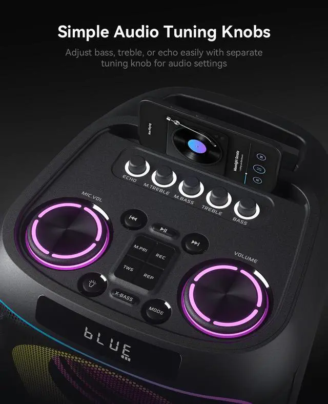 Alt view image 3 of 7 - GKDT81 Karaoke Machine with 2 Microphones for Adults, 80W Rated Power, Dual 8" Woofers, Portable Bluetooth Party Speaker with Wheels & Pull Handle, Deep Bass, LED Lights, PA System for Outdoor Parties