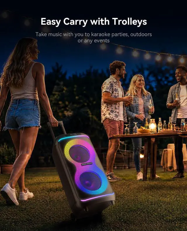 Alt view image 6 of 7 - GKDT81 Karaoke Machine with 2 Microphones for Adults, 80W Rated Power, Dual 8" Woofers, Portable Bluetooth Party Speaker with Wheels & Pull Handle, Deep Bass, LED Lights, PA System for Outdoor Parties