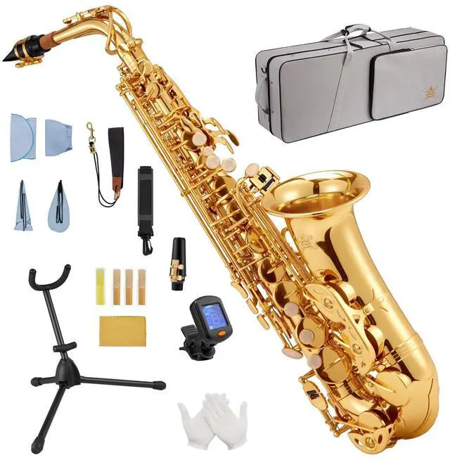 Main image of Eb Alto Saxophone Brass Student Beginner Alto Sax Kit with Hard Case Stand Neck Strap Mouthpiece and Reeds for School Band Home Practice, SAS-130G, Gold