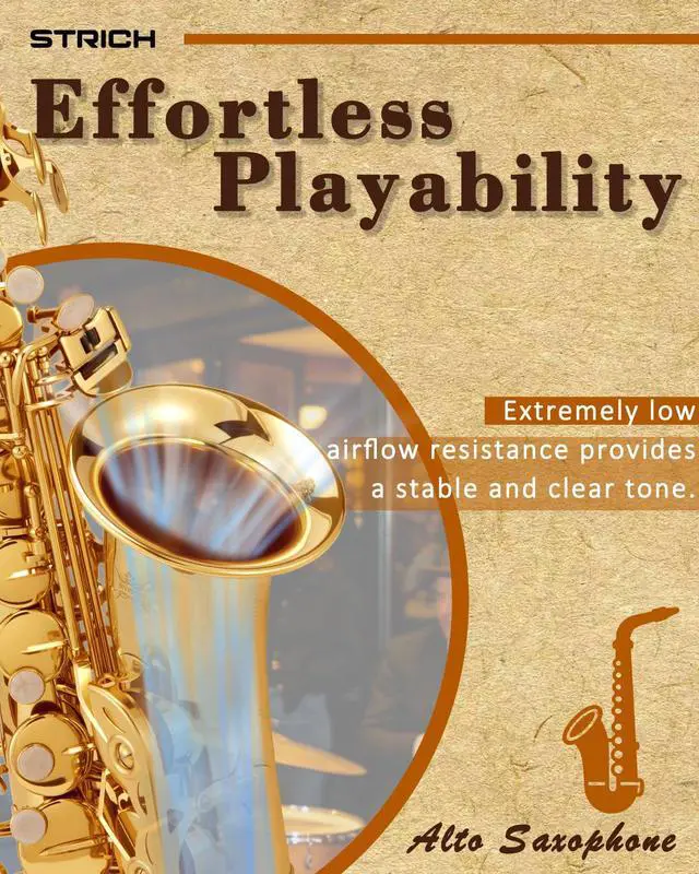 Alt view image 2 of 7 - Eb Alto Saxophone Brass Student Beginner Alto Sax Kit with Hard Case Stand Neck Strap Mouthpiece and Reeds for School Band Home Practice, SAS-130G, Gold