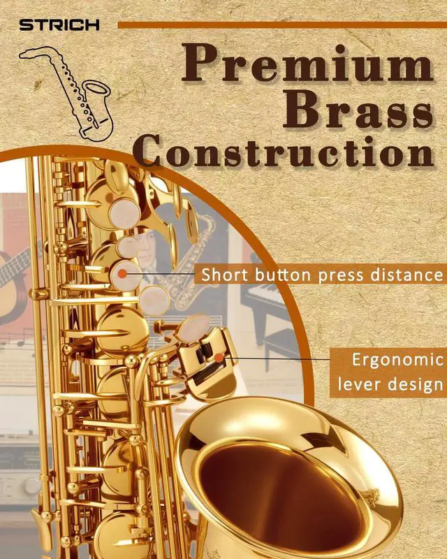 Alt view image 3 of 7 - Eb Alto Saxophone Brass Student Beginner Alto Sax Kit with Hard Case Stand Neck Strap Mouthpiece and Reeds for School Band Home Practice, SAS-130G, Gold