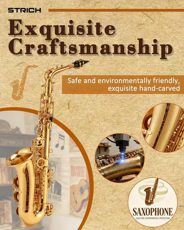 Alt view image 4 of 7 - Eb Alto Saxophone Brass Student Beginner Alto Sax Kit with Hard Case Stand Neck Strap Mouthpiece and Reeds for School Band Home Practice, SAS-130G, Gold
