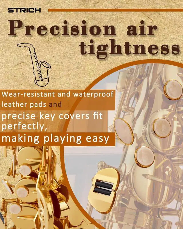 Alt view image 5 of 7 - Eb Alto Saxophone Brass Student Beginner Alto Sax Kit with Hard Case Stand Neck Strap Mouthpiece and Reeds for School Band Home Practice, SAS-130G, Gold