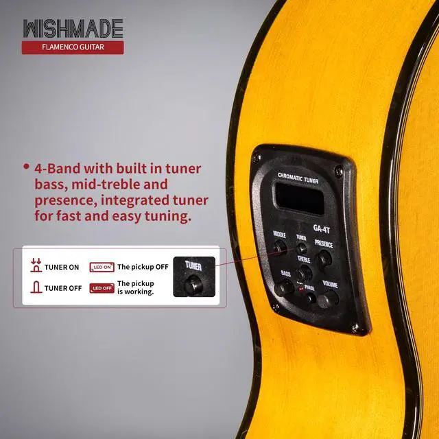 Alt view image 3 of 7 - Flamenco Acoustic Electric Classical Nylon Guitar Beginner Adult | Spruce top, cypress back and sides, cutaway body with 2-band EQ pickup for amplified flamenco, includes padded gig bag