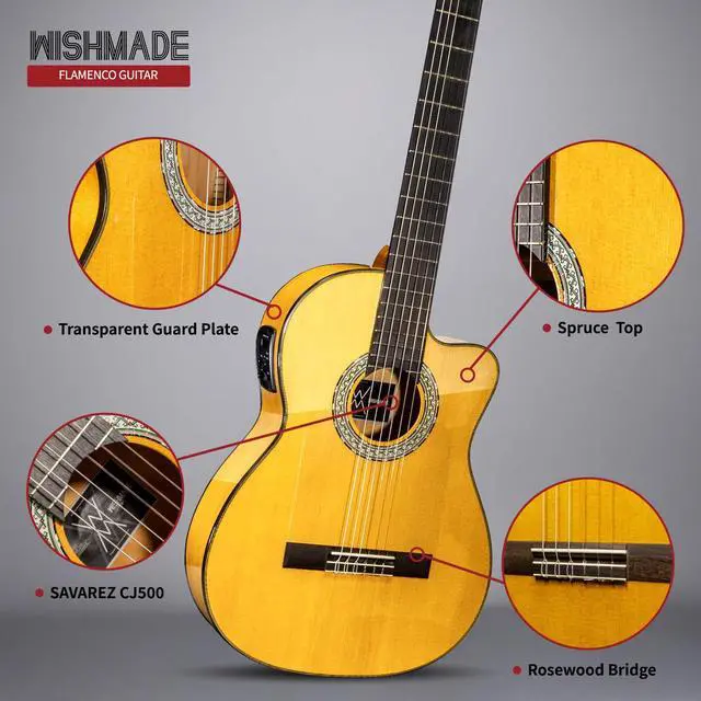 Alt view image 4 of 7 - Flamenco Acoustic Electric Classical Nylon Guitar Beginner Adult | Spruce top, cypress back and sides, cutaway body with 2-band EQ pickup for amplified flamenco, includes padded gig bag