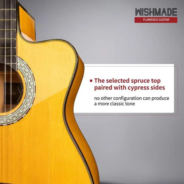 Alt view image 5 of 7 - Flamenco Acoustic Electric Classical Nylon Guitar Beginner Adult | Spruce top, cypress back and sides, cutaway body with 2-band EQ pickup for amplified flamenco, includes padded gig bag