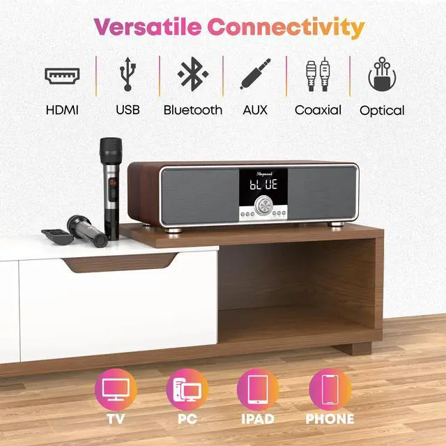 Alt view image 4 of 7 - Karaoke Machine with 2 UHF Mic Subwoofer Home Theater Audio Sound Bar Support Optical/Bluetooth/AUX/USB/PC Wooden Karaoke Singing Machine for TV, Home, Karaoke, Singing Party, Christmas (S-73)