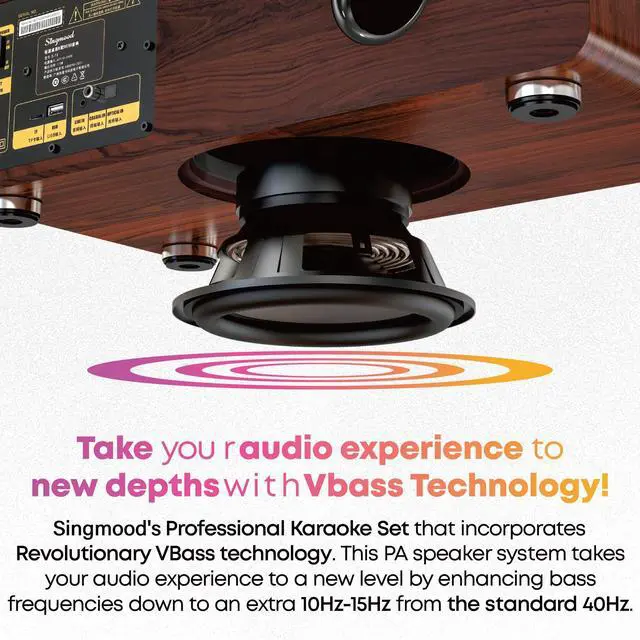 Alt view image 6 of 7 - Karaoke Machine with 2 UHF Mic Subwoofer Home Theater Audio Sound Bar Support Optical/Bluetooth/AUX/USB/PC Wooden Karaoke Singing Machine for TV, Home, Karaoke, Singing Party, Christmas (S-73)
