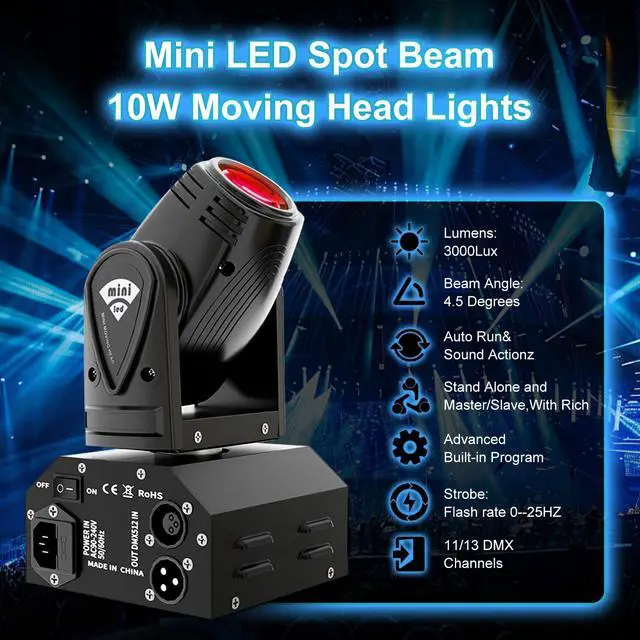 Alt view image 3 of 7 - Moving Head Mini LED 10W RGBW 4in1 Beam Effect Stage Lights 2 Pack | Professional 11/13 DMX Channels Sound Activated DJ Lights for Disco Club Party Dance Wedding