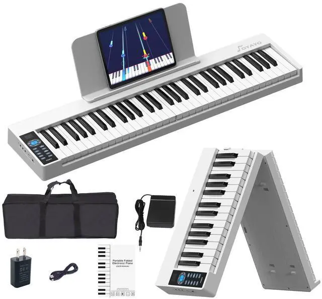 Main image of 61 Key Folding Piano, FP61C Touch Sensitive Foldable Electric Keyboard for Beginners, Portable Piano with Sheet Music Stand, Sustain Pedal, Carrying Bag, White