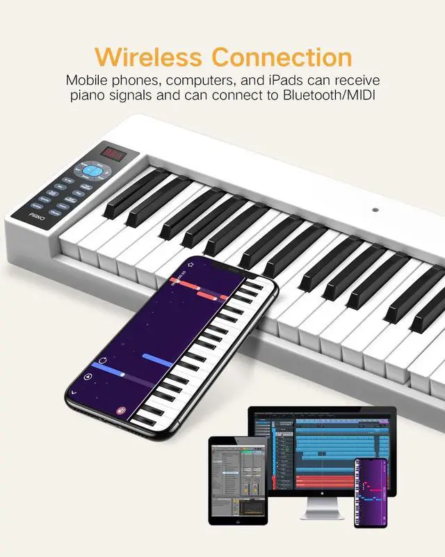 Alt view image 2 of 7 - 61 Key Folding Piano, FP61C Touch Sensitive Foldable Electric Keyboard for Beginners, Portable Piano with Sheet Music Stand, Sustain Pedal, Carrying Bag, White