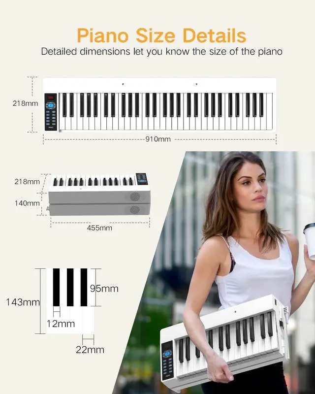 Alt view image 4 of 7 - 61 Key Folding Piano, FP61C Touch Sensitive Foldable Electric Keyboard for Beginners, Portable Piano with Sheet Music Stand, Sustain Pedal, Carrying Bag, White