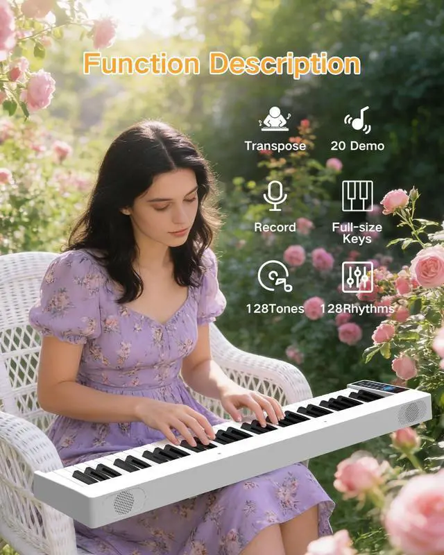 Alt view image 3 of 7 - 61 Key Folding Piano, FP61C Touch Sensitive Foldable Electric Keyboard for Beginners, Portable Piano with Sheet Music Stand, Sustain Pedal, Carrying Bag, White